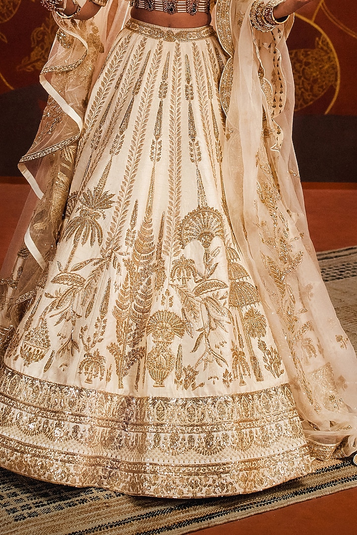 Ivory Raw Silk Zardosi & Moti Work Bridal Lehenga Set by Masaba at Pernia's Pop Up Shop