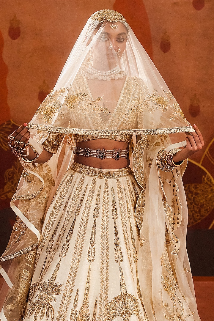 Ivory Raw Silk Zardosi & Moti Work Bridal Lehenga Set by Masaba at Pernia's Pop Up Shop
