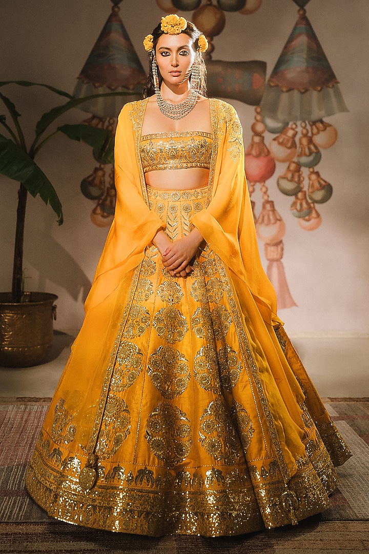 Mango Yellow Raw Silk Zardosi Embellished Jacket Bridal Lehenga Set by Masaba at Pernia's Pop Up Shop