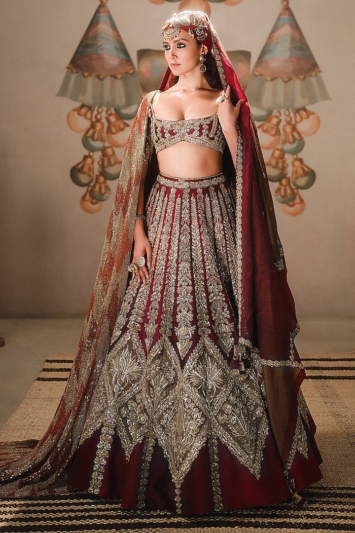 Wine Heavy Raw Silk Embroidered Bridal Lehenga Set by Masaba at Pernia's Pop Up Shop