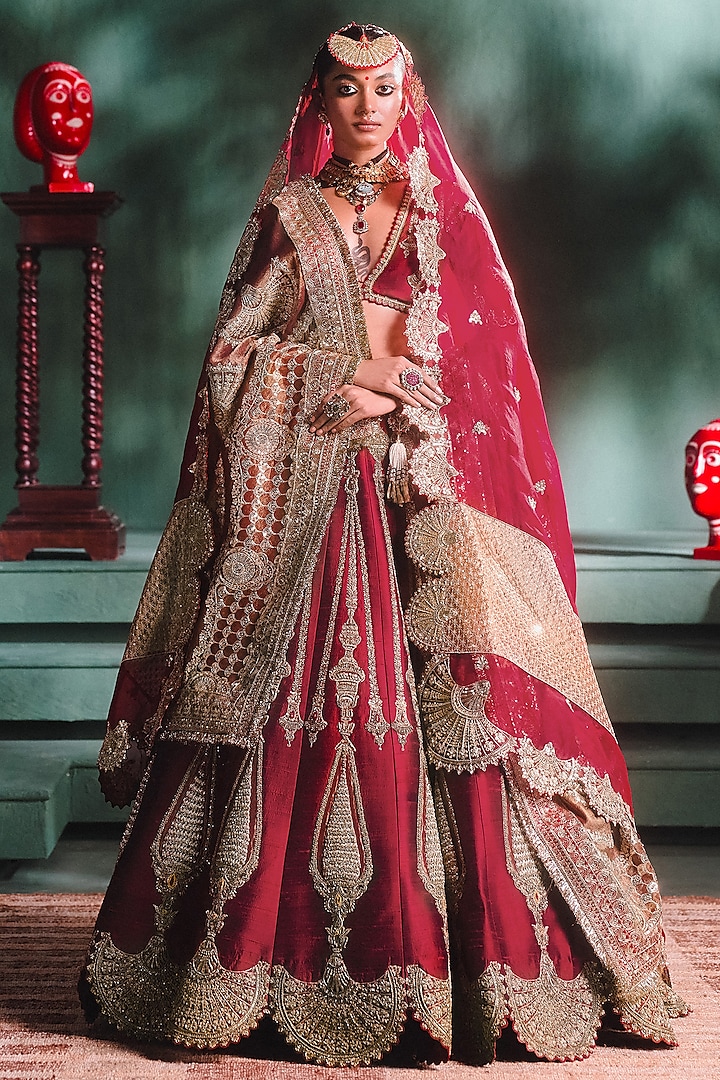 Wine Heavy Raw Silk Motif Embroidered Bridal Lehenga Set by Masaba at Pernia's Pop Up Shop