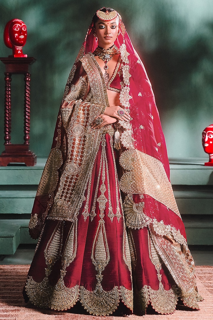 Wine Heavy Raw Silk Motif Embroidered Bridal Lehenga Set by Masaba at Pernia's Pop Up Shop