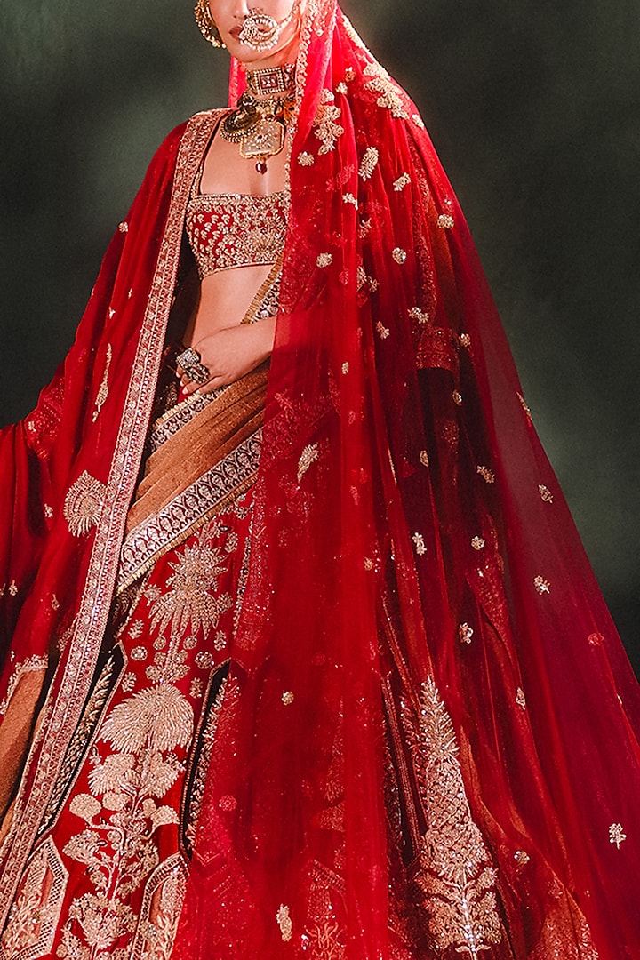 Cranberry Raw Silk & Georgette Tissue Embroidered Bridal Lehenga Set by Masaba at Pernia's Pop Up Shop