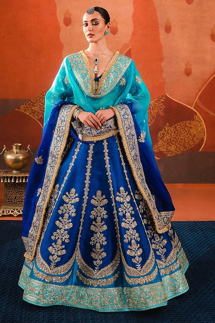 Blue Heavy Raw Silk Motif Embellished Lehenga Set by Masaba