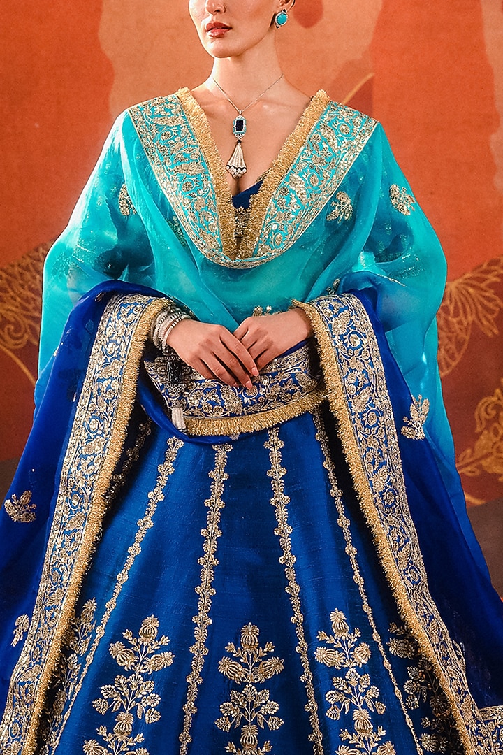 Blue Heavy Raw Silk Motif Embellished Bridal Lehenga Set by Masaba at Pernia's Pop Up Shop