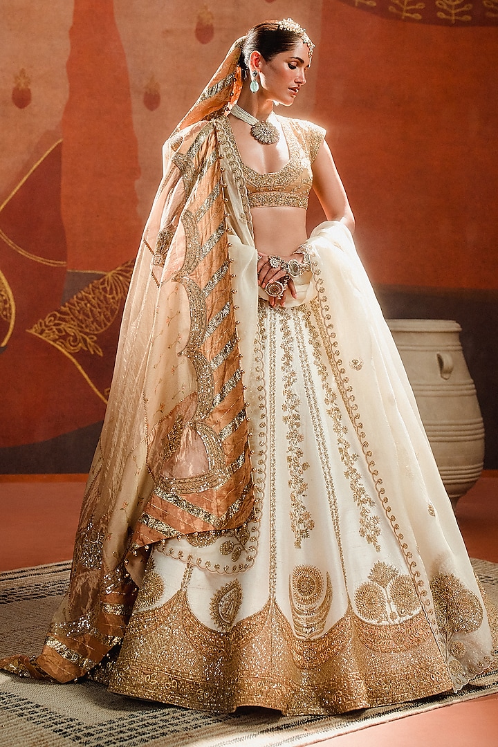 Ivory Heavy Raw Silk & Tissue Motif Work Lehenga Set by Masaba