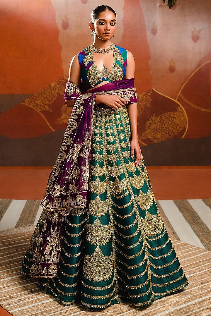 Green Heavy Raw Silk Sequins Embroidered Lehenga Set by Masaba