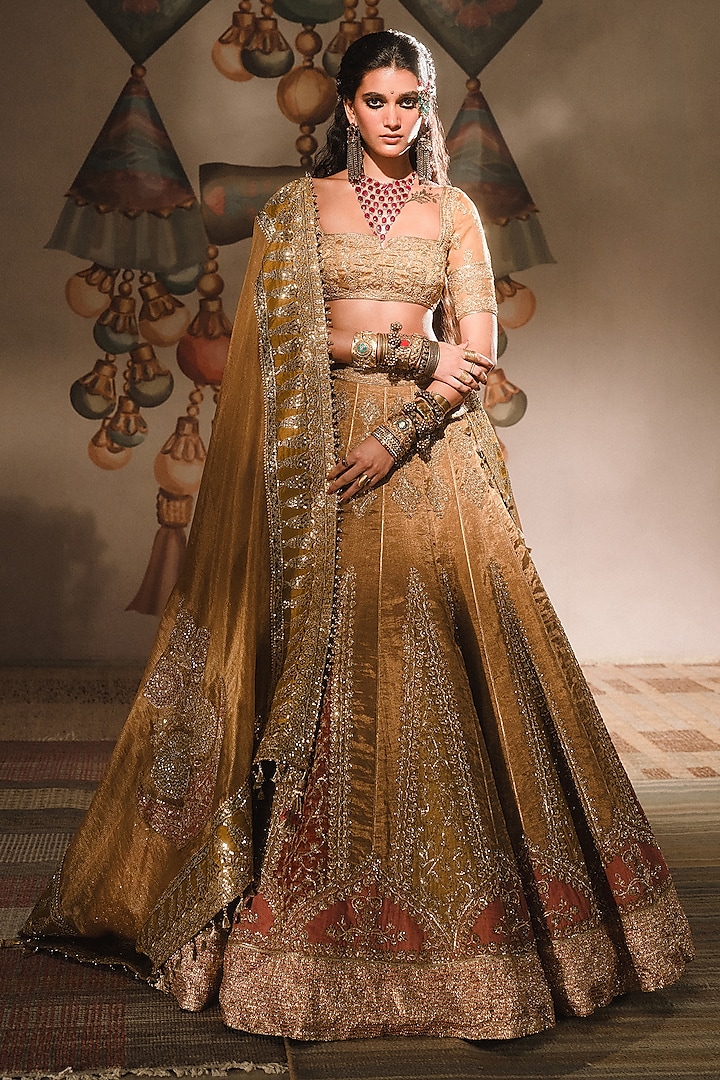 Gold Silk Tissue Hand Embroidered Lehenga Set by Masaba