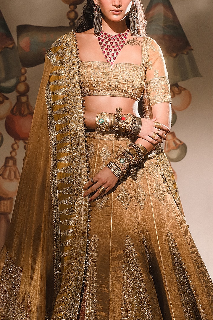 Gold Silk Tissue Hand Embroidered Bridal Lehenga Set by Masaba at Pernia's Pop Up Shop