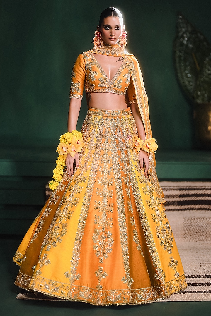 Ochre Yellow Heavy Raw Silk Floral Motif Work Lehenga Set by Masaba