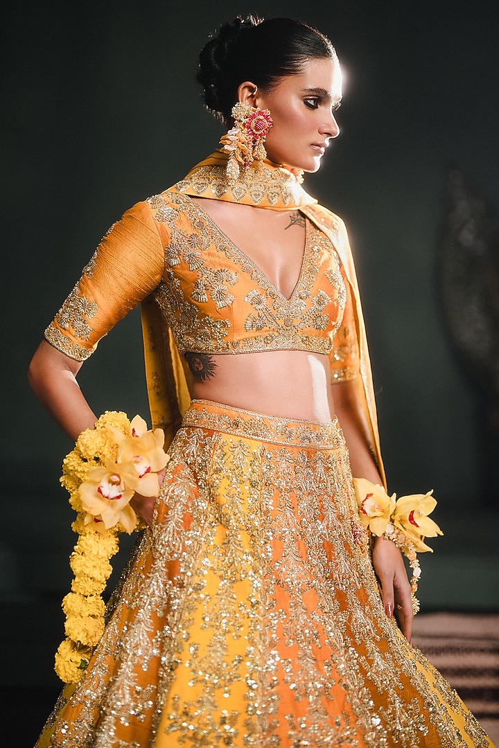 Ochre Yellow Heavy Raw Silk Floral Motif Work Bridal Lehenga Set by Masaba at Pernia's Pop Up Shop
