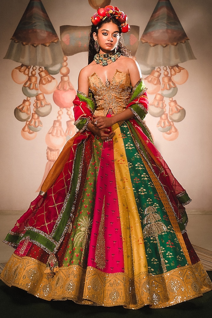 Multi-Colored Viscose Raw Silk Printed & Motif Work Lehenga Set by Masaba