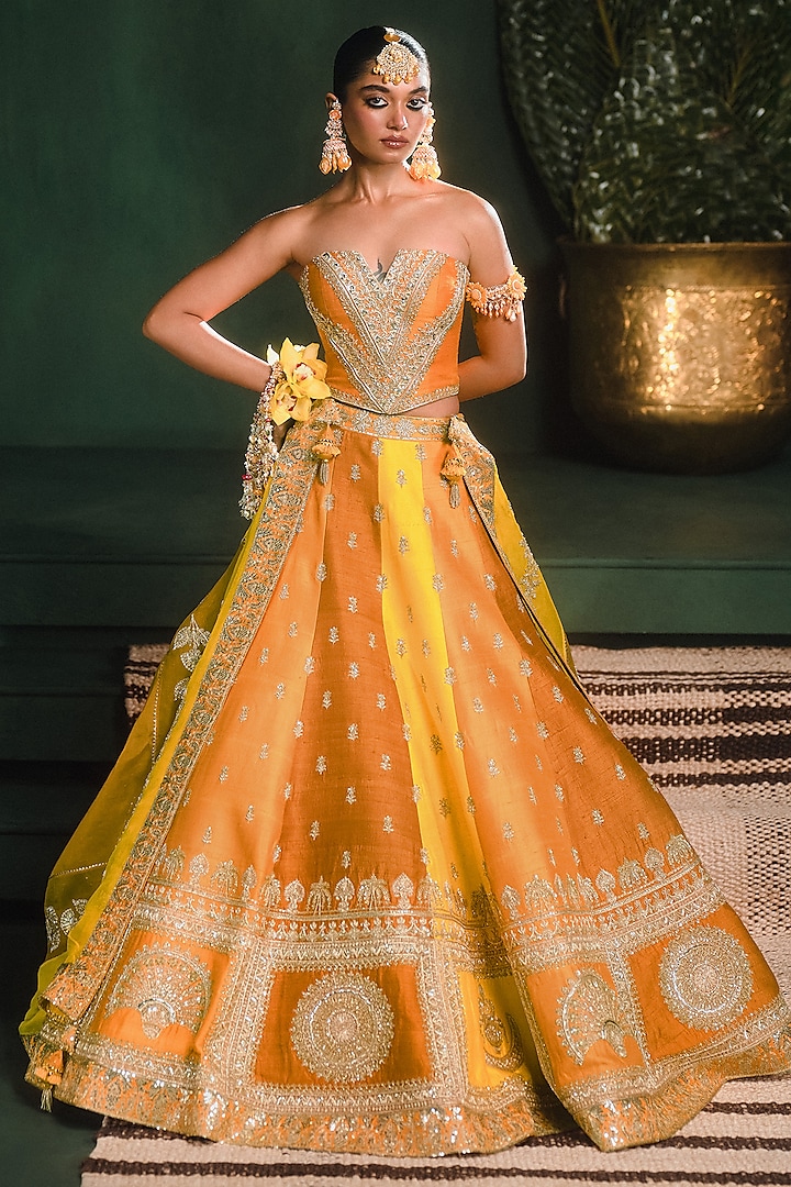 Ochre Yellow Heavy Raw Silk Motif Work Lehenga Set by Masaba