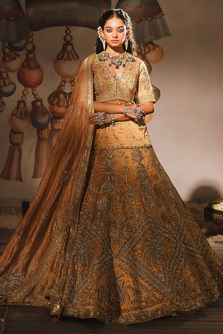 Peach Heavy Raw Silk & Tissue Motif Work Lehenga Set by Masaba