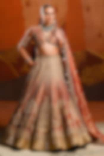 Rust Heavy Raw Silk & Tissue Motif Work Lehenga Set by Masaba