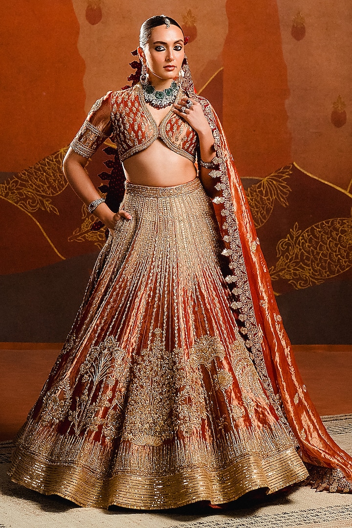 Rust Heavy Raw Silk & Tissue Motif Work Lehenga Set by Masaba