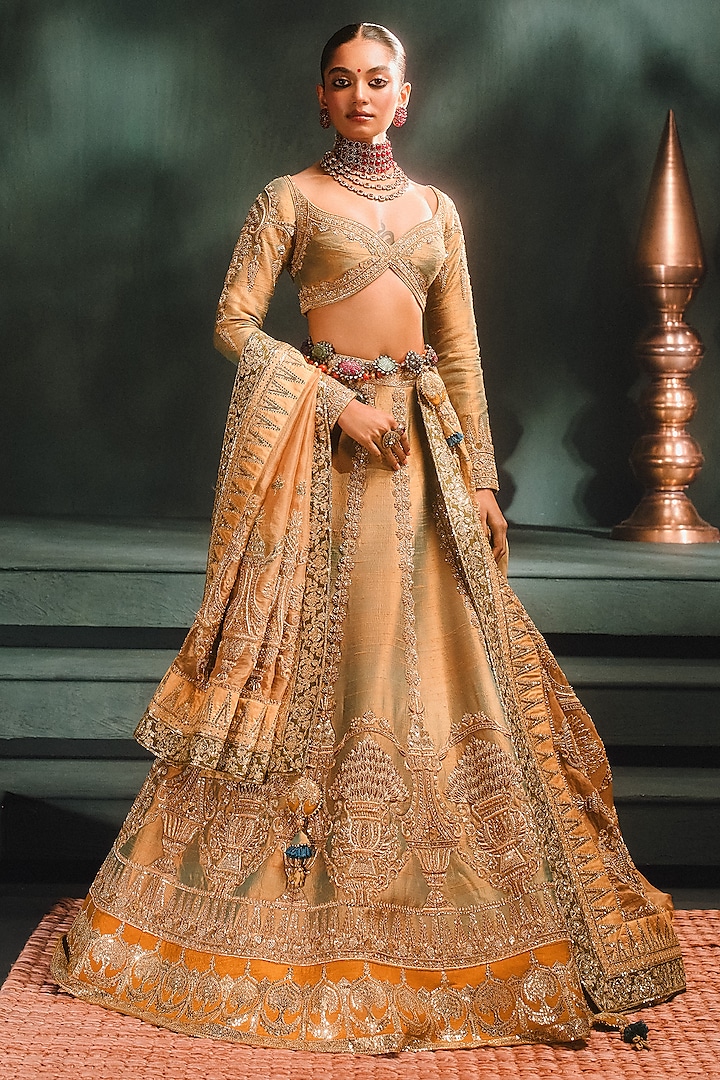 Blue-Gold Doop Chav Heavy Raw Silk Zardosi Embroidered Lehenga Set by Masaba