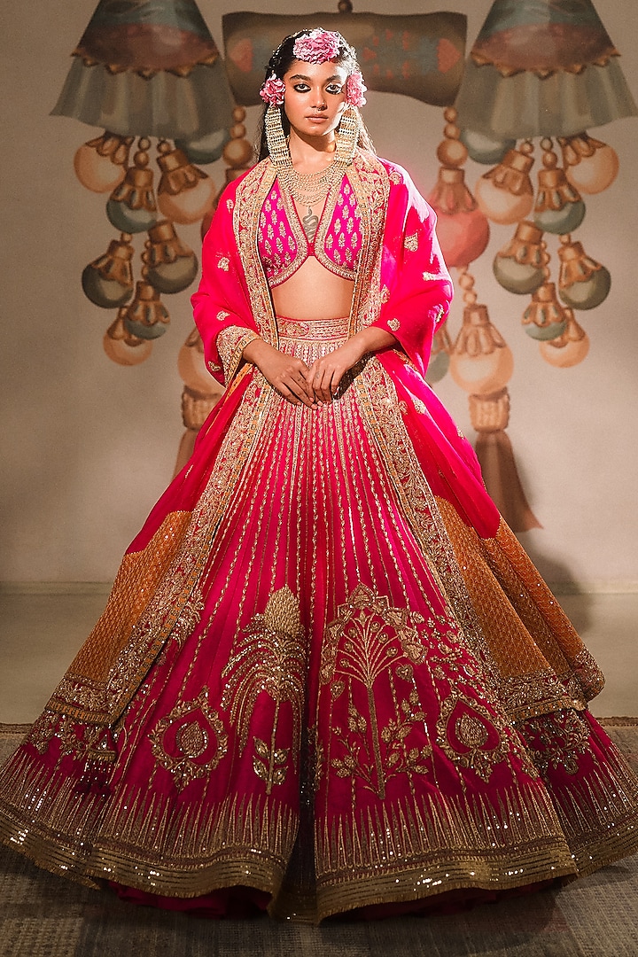 Hot Pink Heavy Raw Silk Sitara Embroidered Lehenga Set by Masaba