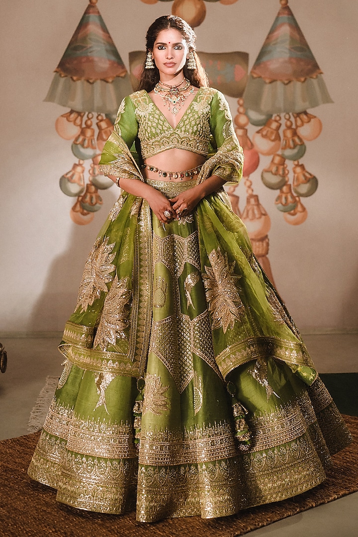 Green Heavy Raw Silk Jaal Work Bridal Lehenga Set by Masaba at Pernia's Pop Up Shop