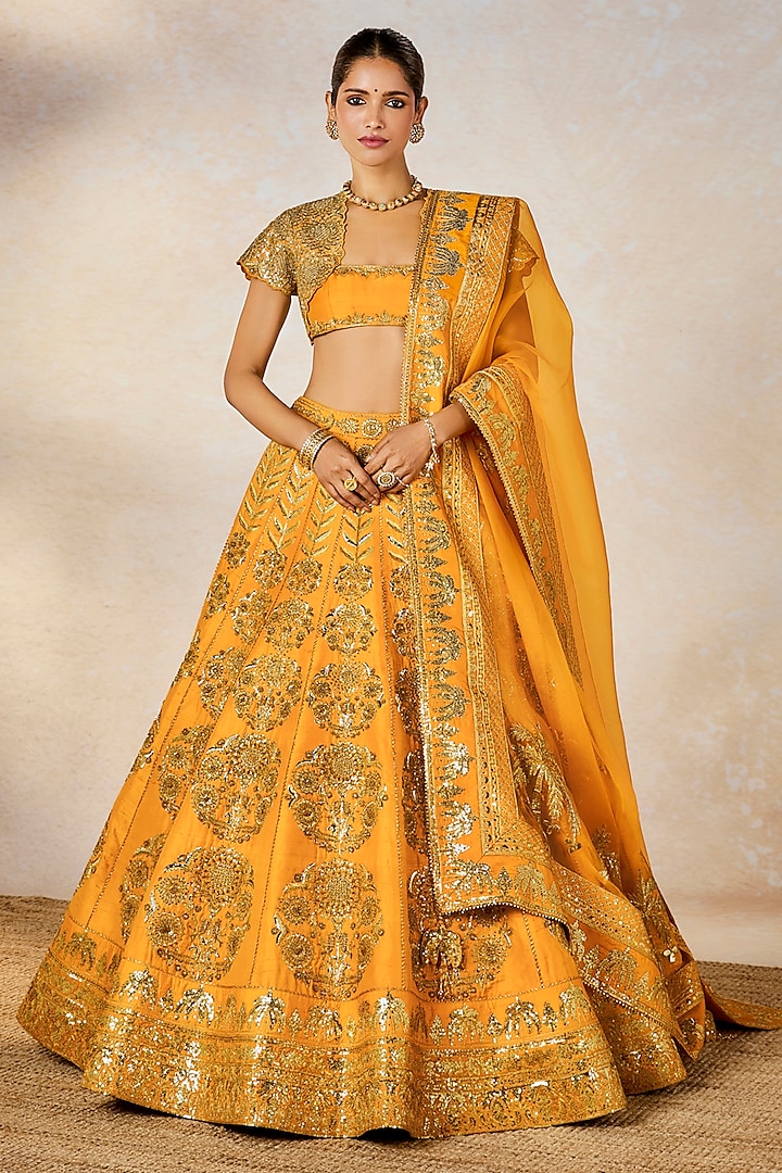 Mango Yellow Raw Silk Zardosi Embellished Bridal Lehenga Set by Masaba at Pernia's Pop Up Shop