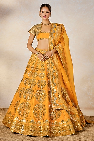 Mango Yellow Raw Silk Zardosi Embellished Lehenga Set by Masaba