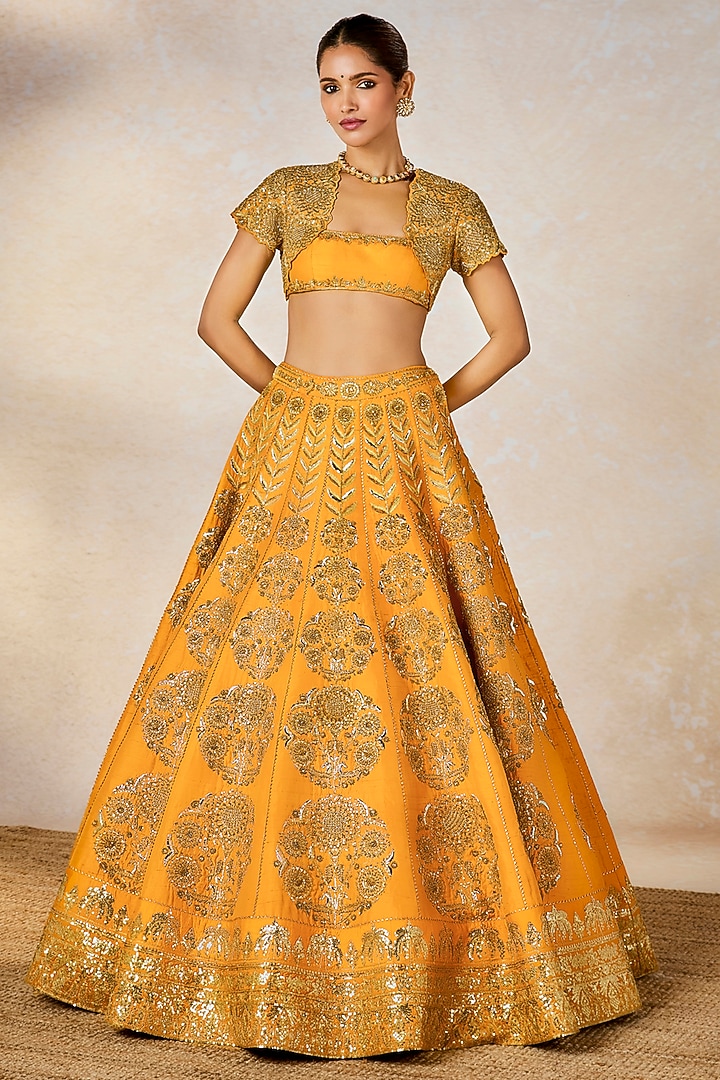 Mango Yellow Raw Silk Zardosi Embellished Bridal Lehenga Set by Masaba at Pernia's Pop Up Shop