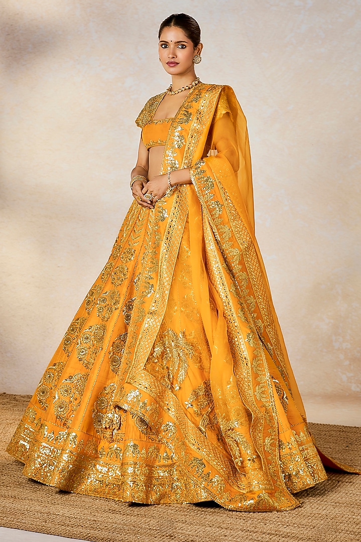 Mango Yellow Raw Silk Zardosi Embellished Bridal Lehenga Set by Masaba at Pernia's Pop Up Shop