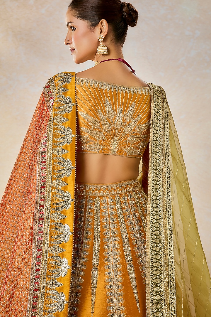 Ochre Yellow Raw Silk Motif & Sitara Embellished Bridal Lehenga Set by Masaba at Pernia's Pop Up Shop