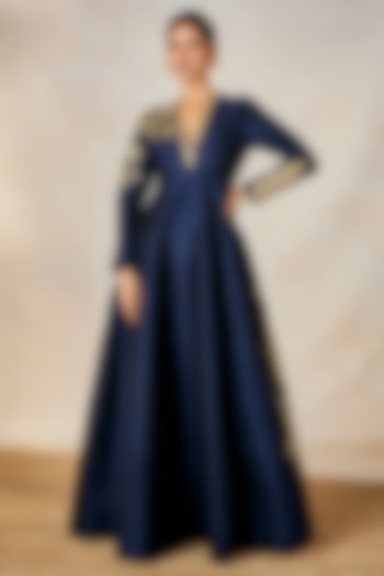 Navy Heavy Raw Silk Zardosi Embroidered Gown by Masaba at Pernia's Pop Up Shop