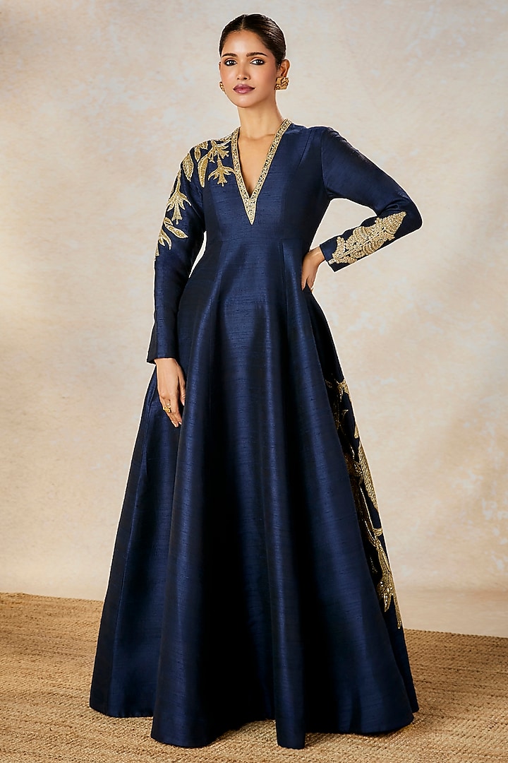 Navy Heavy Raw Silk Zardosi Embroidered Gown by Masaba at Pernia's Pop Up Shop