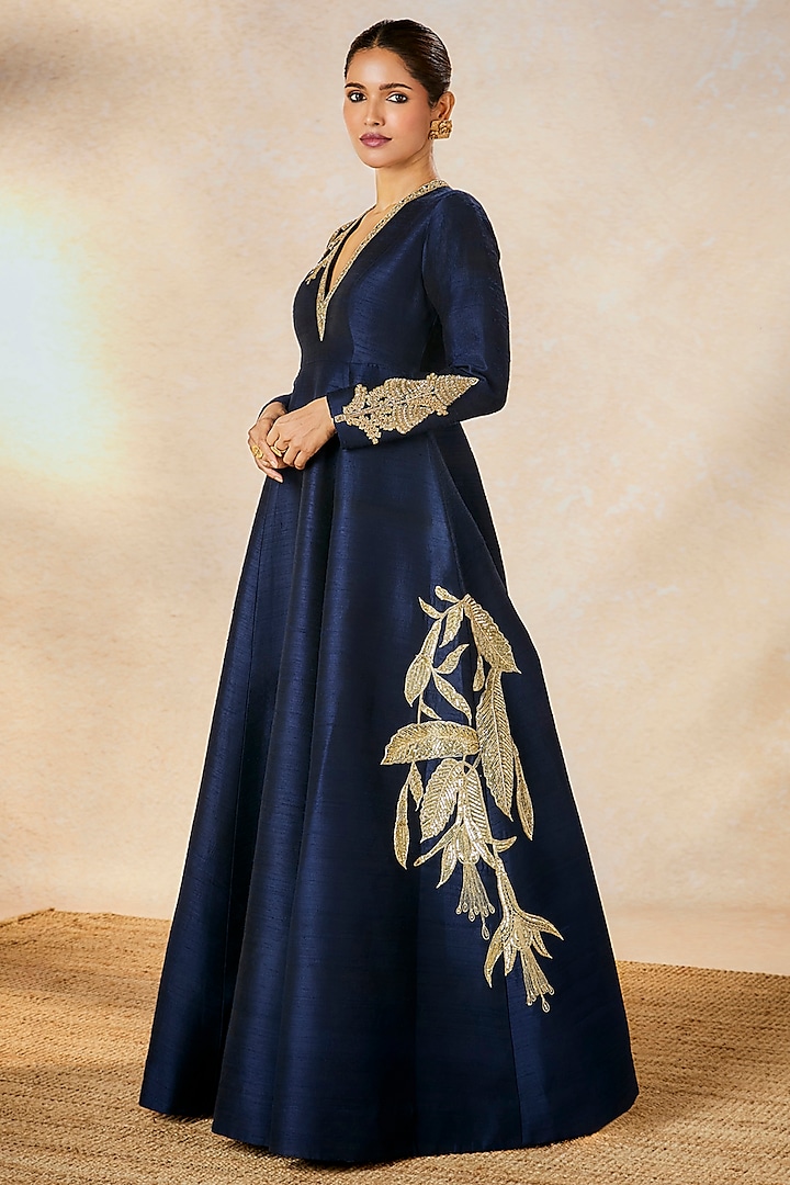 Navy Heavy Raw Silk Zardosi Embroidered Wedding Gown by Masaba at Pernia's Pop Up Shop