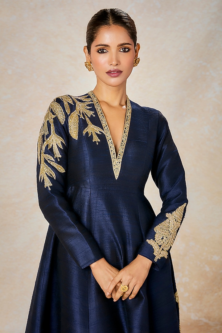 Navy Heavy Raw Silk Zardosi Embroidered Wedding Gown by Masaba at Pernia's Pop Up Shop