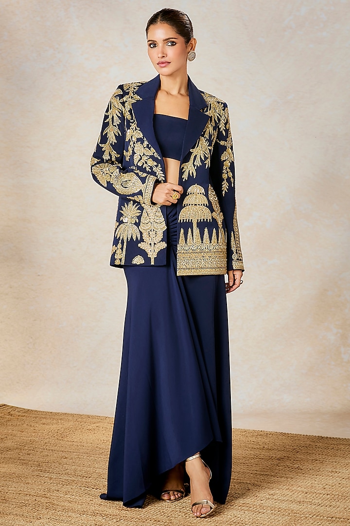 Navy Heavy Crepe Zardosi Embroidered Blazer Set by Masaba at Pernia's Pop Up Shop