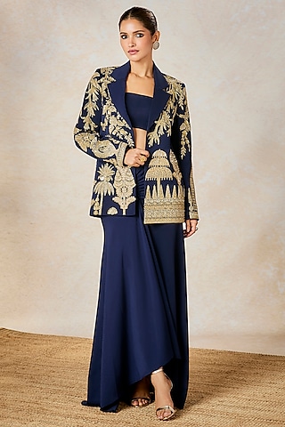 Navy Heavy Crepe Zardosi Embroidered Blazer Set by Masaba