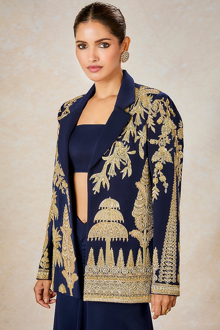 Navy Heavy Crepe Zardosi Embroidered Blazer Set by Masaba at Pernia's Pop Up Shop