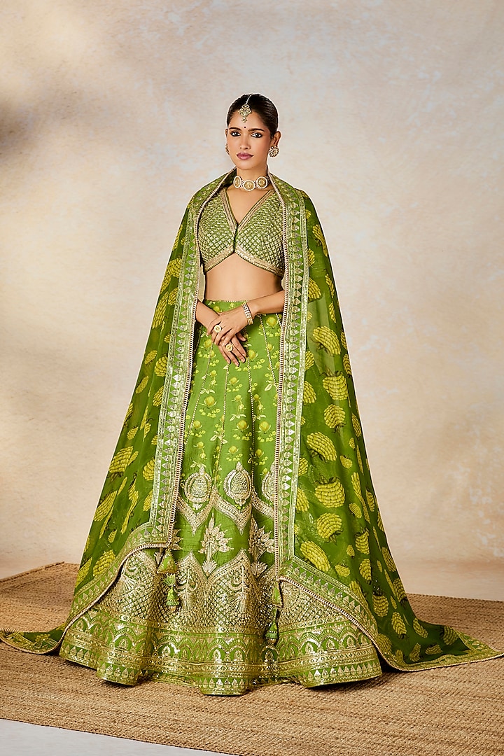 Olive Green Raw Silk Digital Printed & Dori Embroidered Bridal Lehenga Set by Masaba at Pernia's Pop Up Shop