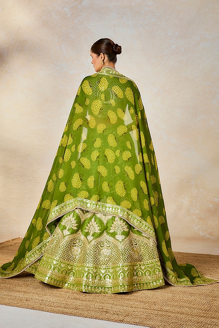 Olive Green Raw Silk Digital Printed & Dori Embroidered Bridal Lehenga Set by Masaba at Pernia's Pop Up Shop