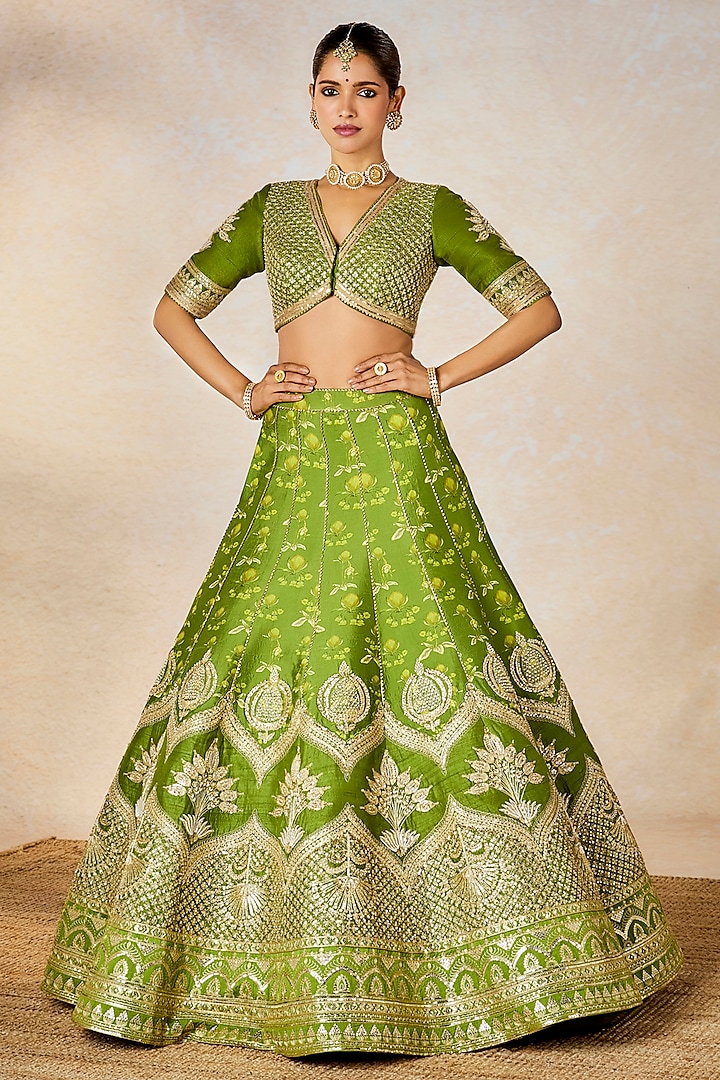 Olive Green Raw Silk Digital Printed & Dori Embroidered Bridal Lehenga Set by Masaba at Pernia's Pop Up Shop