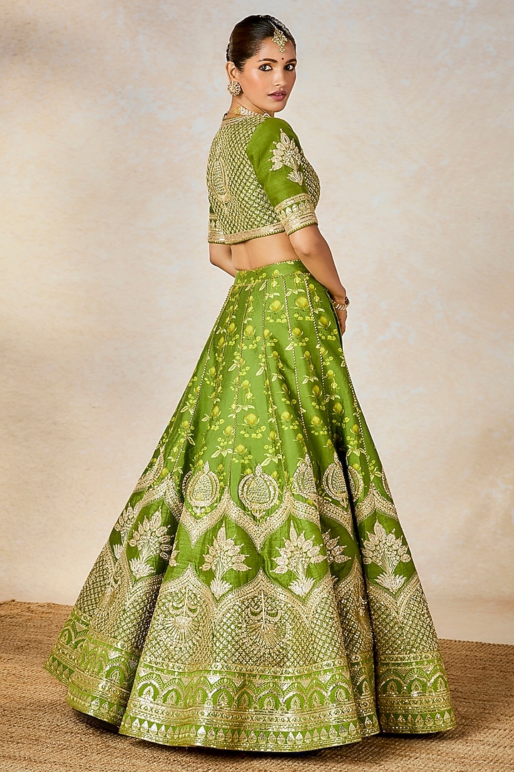 Olive Green Raw Silk Digital Printed & Dori Embroidered Bridal Lehenga Set by Masaba at Pernia's Pop Up Shop