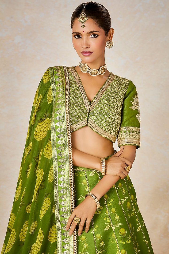 Olive Green Raw Silk Digital Printed & Dori Embroidered Bridal Lehenga Set by Masaba at Pernia's Pop Up Shop