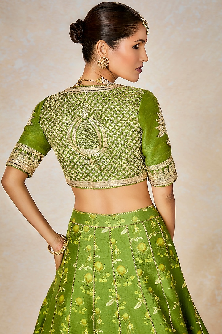 Olive Green Raw Silk Digital Printed & Dori Embroidered Bridal Lehenga Set by Masaba at Pernia's Pop Up Shop