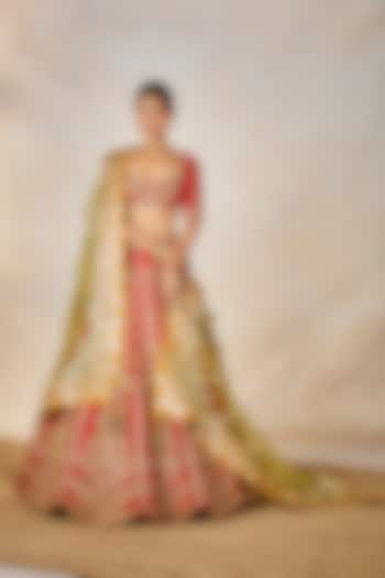 Red Dupion Silk Dori Embroidered Bridal Lehenga Set by Masaba at Pernia's Pop Up Shop