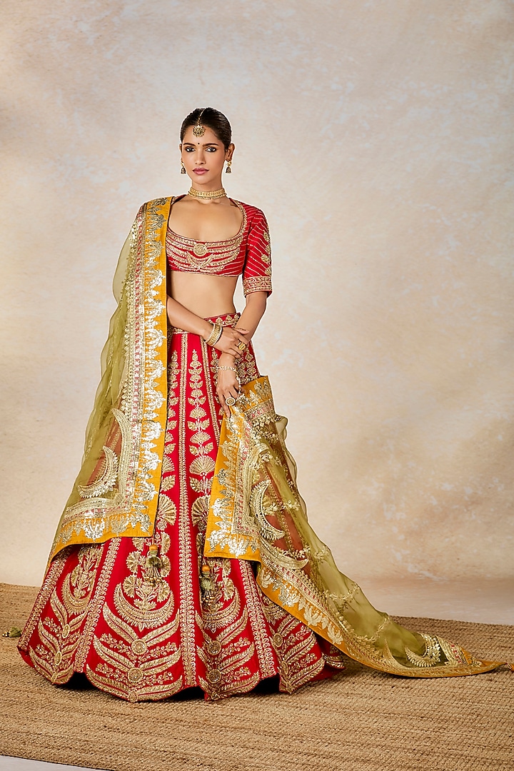 Red Dupion Silk Dori Embroidered Bridal Lehenga Set by Masaba at Pernia's Pop Up Shop