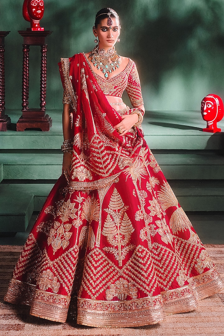 Raspberry Heavy Raw Silk Hand Embroidered Bridal Lehenga Set by Masaba at Pernia's Pop Up Shop