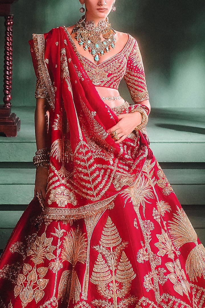 Raspberry Heavy Raw Silk Hand Embroidered Bridal Lehenga Set by Masaba at Pernia's Pop Up Shop