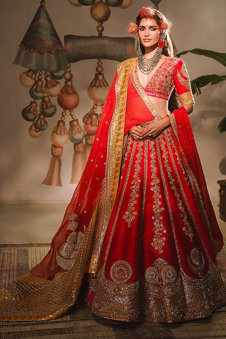 Red Heavy Raw Silk Floral Motif Work Lehenga Set by Masaba