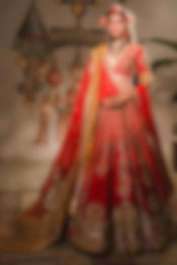 Red Heavy Raw Silk Floral Motif Work Lehenga Set by Masaba