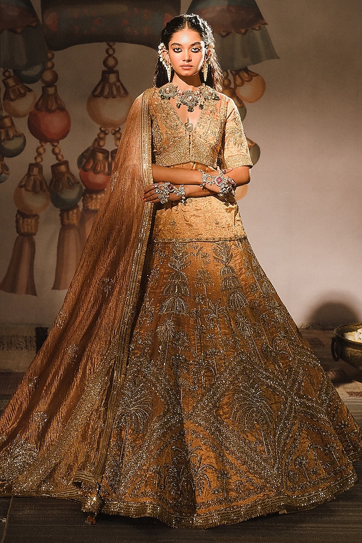 Peach Heavy Raw Silk & Tissue Motif Work Lehenga Set by Masaba