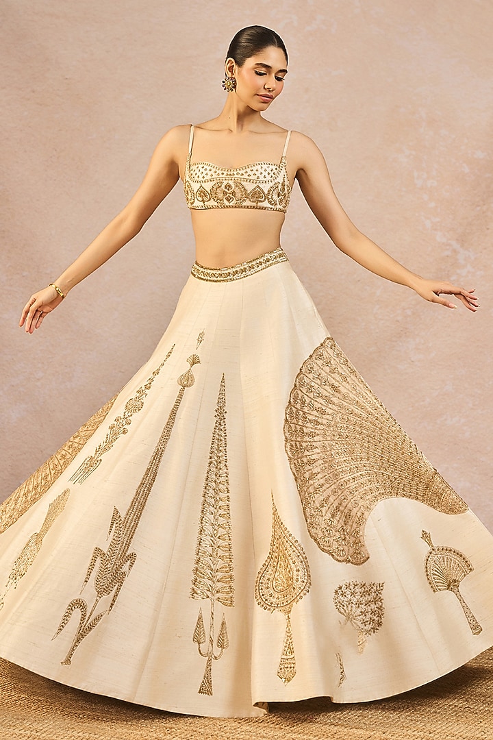 Ivory & Gold Tissue Paan-Phool Motif Embroidered Bridal Lehenga Set by Masaba at Pernia's Pop Up Shop