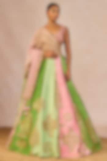 Pink & Green Raw Silk Paankh Bagh Motif Embroidered Bridal Lehenga Set by Masaba at Pernia's Pop Up Shop